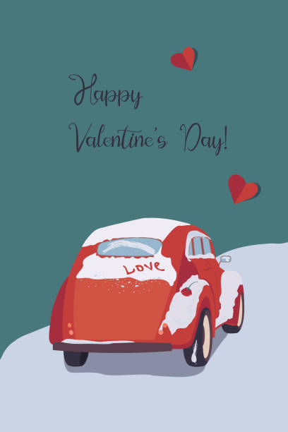 istock Happy Valentine's Day card with red retro car 1442265120