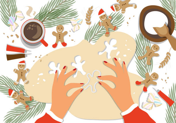 Woman's hands making Gingerbread man cookies Woman's hands making Gingerbread man cookies. Process of Decorating gingerbread man. Culinary master class. Top view. Prepare Christmas food. Vector flat cartoon style for banner, advertising. gingerbread man cookie cutter stock illustrations