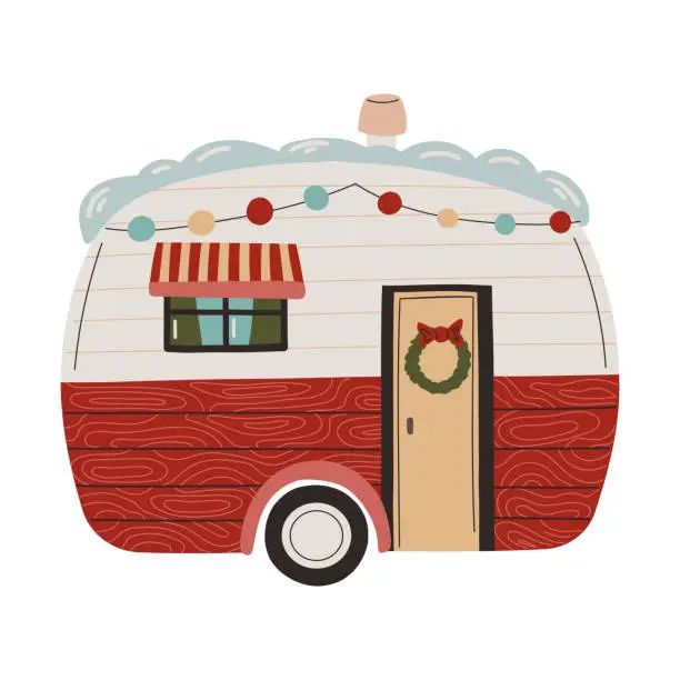 Vector illustration of Christmas decorated trailer. Hand drawn winter illustration