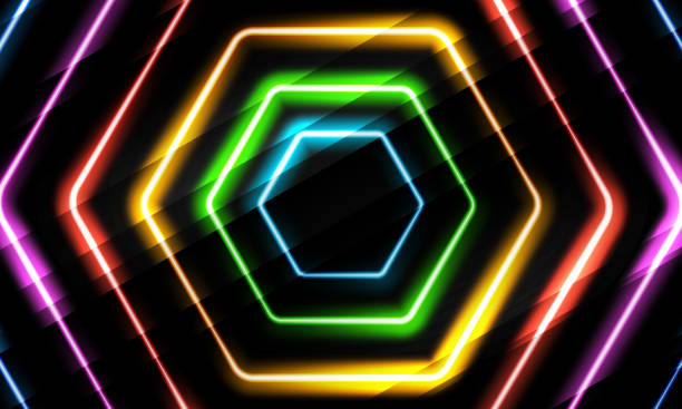 istock Neon multicolor hexagon on black background. Glowing honeycomb geometric shapes with shining effects. 1442269418