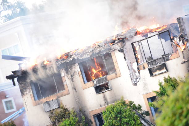 istock Abstract View Of Large Burning Building 1442269721