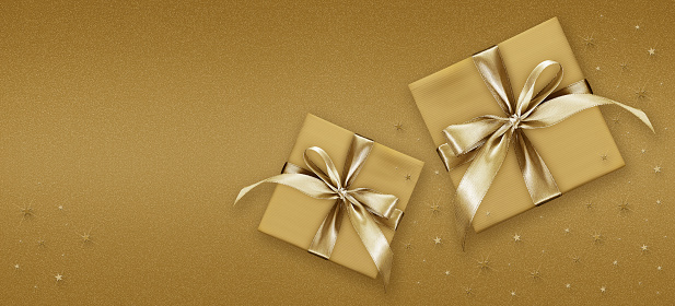 3D rendered golden ribbon wrapped gift box, new year shopping, christmas shopping concepts