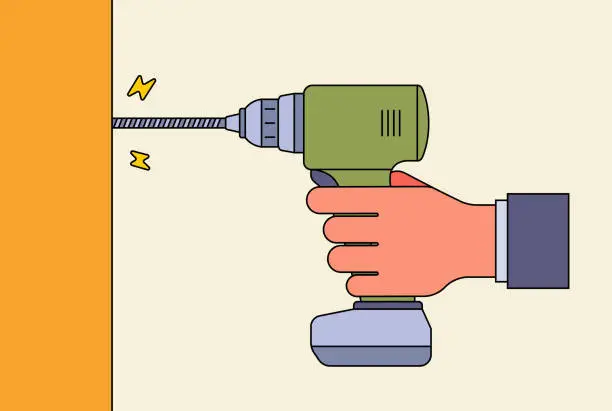 Vector illustration of a hand holds a drill and twists a bolt into a tree. construction tool for housework. flat vector illustration.