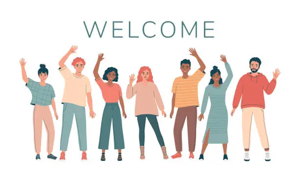 Vector illustration of Group of diverse friendly young men and women with hands raised in greeting gesture, business team