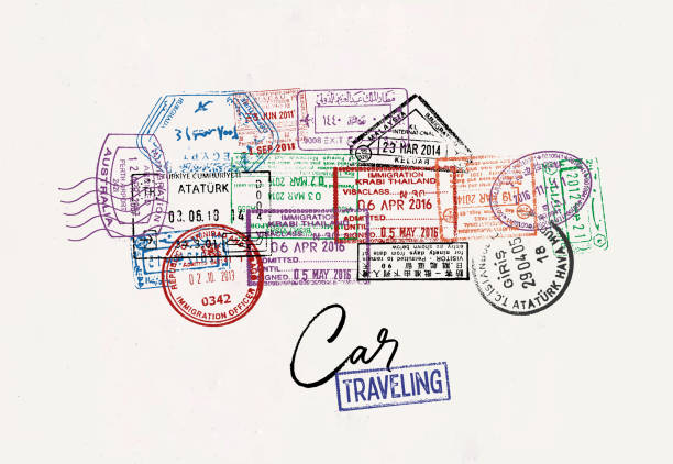 ilustraciones, imágenes clip art, dibujos animados e iconos de stock de cartel de coche con sello de pasaporte - passport stamp customs document emigration and immigration