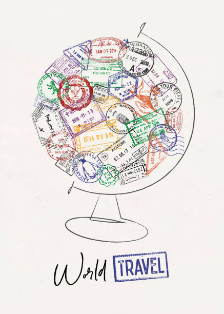 ilustraciones, imágenes clip art, dibujos animados e iconos de stock de cartel del globo terráqueo del sello del pasaporte - passport stamp customs document emigration and immigration