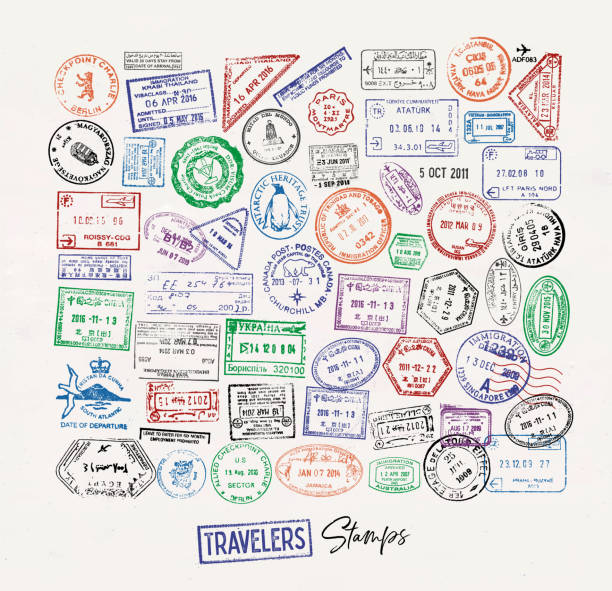 Passport stamp icon set Passport stamp from different countries colorful icon set with lettering travelers stamp poster style passport stamp stock illustrations