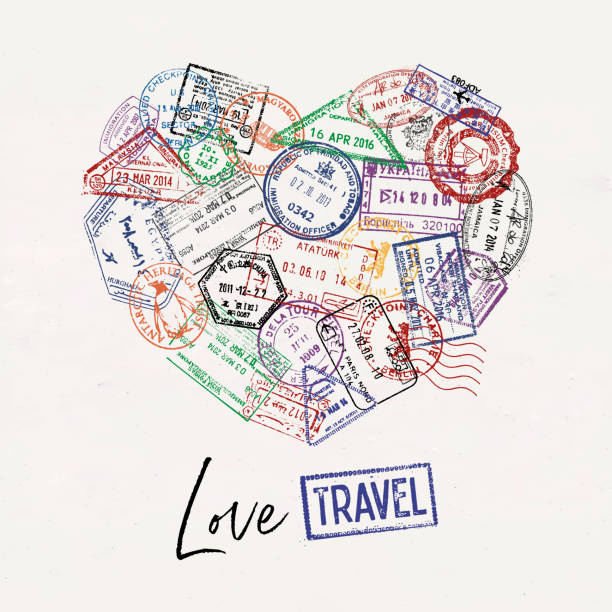 ilustrações, clipart, desenhos animados e ícones de cartaz do coração do carimbo do passaporte - viagem