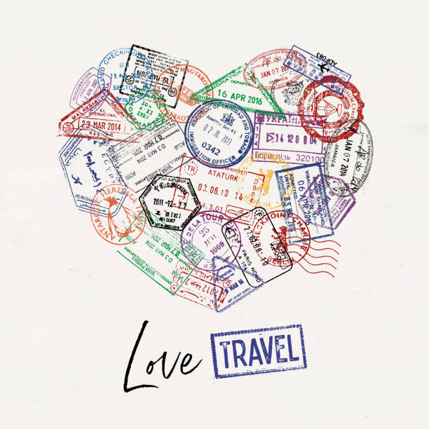 Passport stamp heart poster Heart made from a passport stamps different countries with lettering love travel poster style around the world stock illustrations
