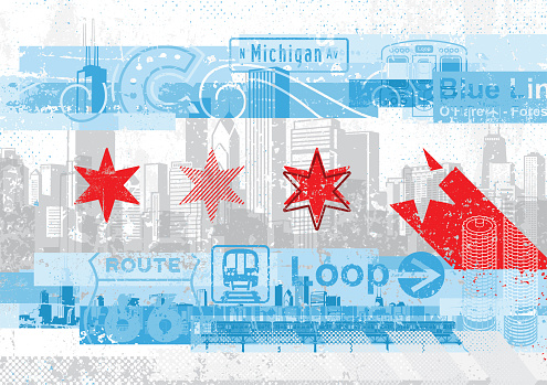Chicago abstract grunge poster design. Urban background with Chicago City flag motives. Flat design (no gradients, or transparencies used). Horizontal version.