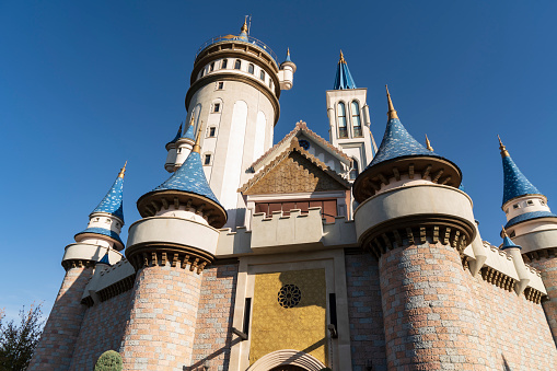 Eskisehir, Turkey, October 26,2022: Tale castle in the Sazova park.It is a detail photograph from the architecture of the fairy tale castle.