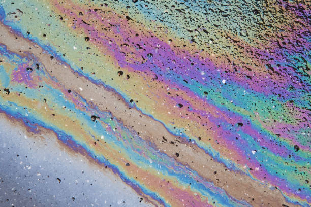 istock Petrol stain on asphalt road, big polluted puddle water. 1442272280