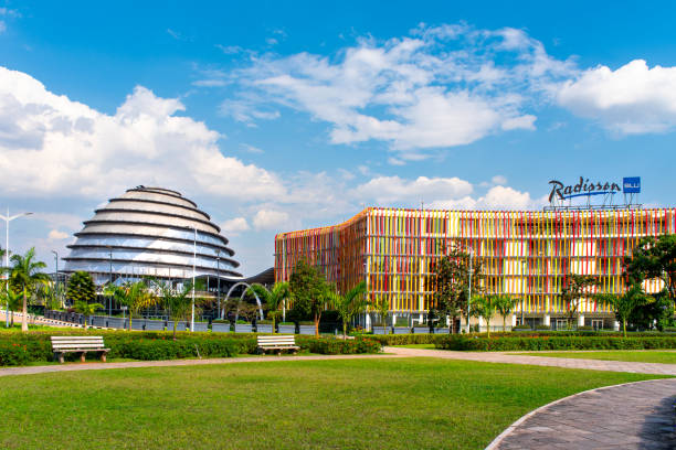 Kigali Convention Centre on a sunny day Kigali, Rwanda - August 19 2022: Kigali Convention Centre on a sunny day. The facility, designed after the inside of a king's palace, hosts a variety of events kigali convention center stock pictures, royalty-free photos & images