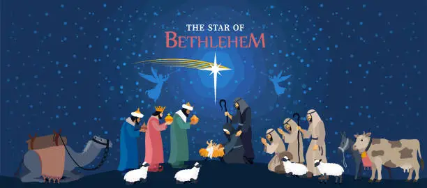 Vector illustration of Holy Night. Christmas night. Birth of Jesus. Three wise men. Shepherd.