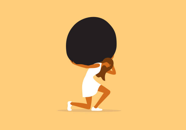 ilustraciones, imágenes clip art, dibujos animados e iconos de stock de ilustración vectorial de un personaje femenino infeliz y cansado que sostiene una enorme piedra sobre los hombros - financial burden