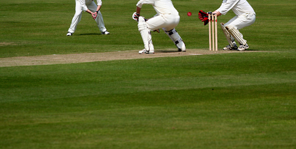 Focus on Cricket Ball which nicks Bat as Wicket Keeper is about to catch out Batsman,with plenty or room for Text 