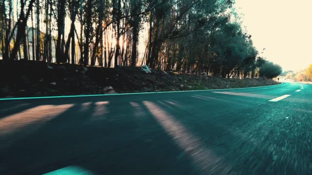 Car wheel spinning on road and sunset lights streaming through trees POV