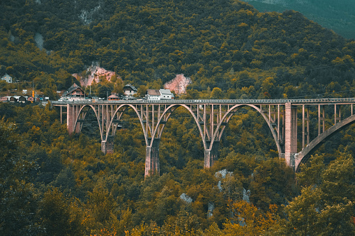 Dzhurdzhevich Bridge above the Tara River with the view of the beautiful canyon at autumn. High quality photo