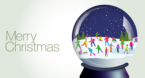 A Snow Globe with Christmas Tree snow scene. winter, snow, ice, December, frost, snowman, Christmas, celebration, Happy Holidays,
