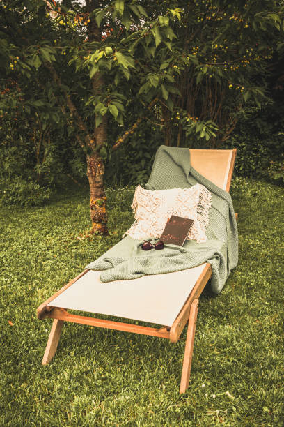 istock Garden lounger with book and blanket 1442281999