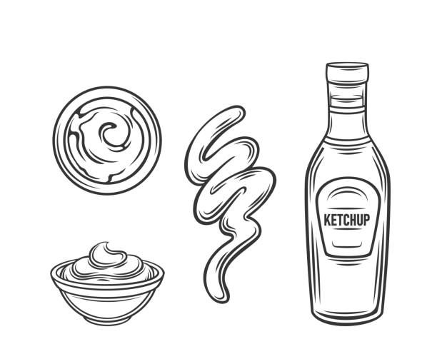 illustrazioni stock, clip art, cartoni animati e icone di tendenza di set di icone di contorno della salsa ketchup - condiment