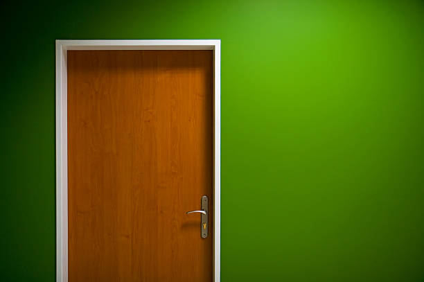Wooden door on green wall background