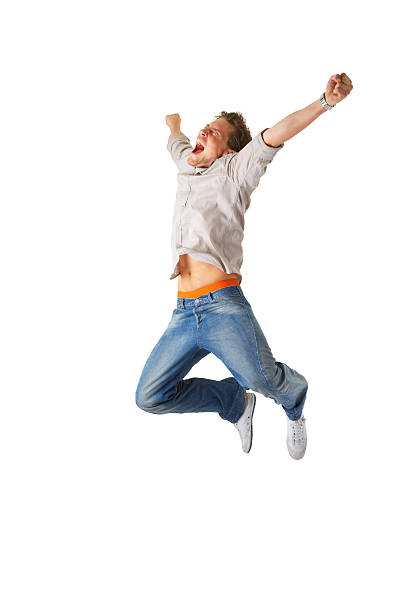 istock Happy young man jumping on an isolated background 144228690