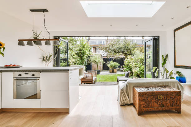 istock a kitchen and living room with a view of a 1442287393