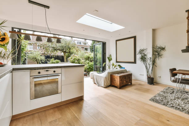 istock a kitchen and living room with a large glass window 1442287402