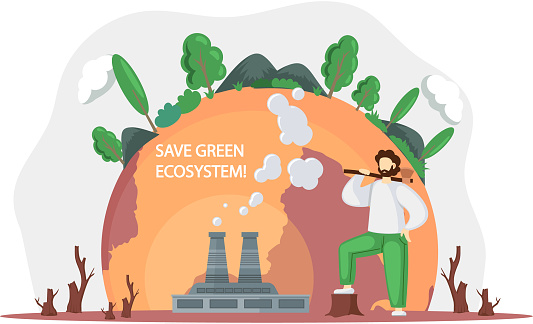 Lumberjack forester logger carrying ax against background of destroyed planet. Ecology poster to stop deforestation. Planet contaminated with factories and smoke emissions. Air pollution concept