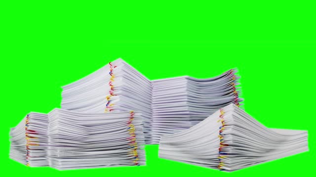 Stop motion animation, collage of three increasing, growing up pile, hill, stacks overload office document paper files on chroma key background.