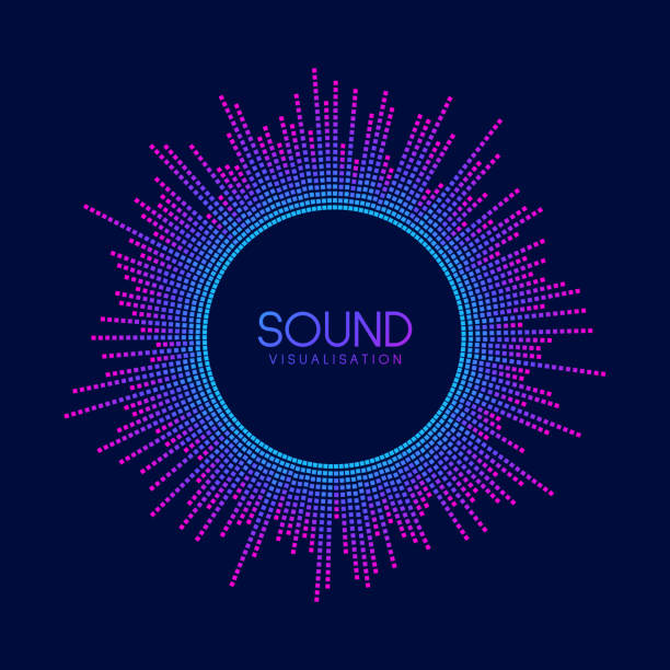 ilustraciones, imágenes clip art, dibujos animados e iconos de stock de visualización de ondas sonoras circulares. ecualizador del reproductor de música pixel. señal de audio radial o elemento de vibración. reconocimiento de voz. concepto de epicentro, objetivo, radar, icono de radio. vector - sistema de medición de volumen