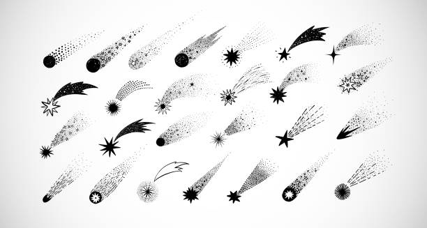 illustrazioni stock, clip art, cartoni animati e icone di tendenza di collezione di comete scarabocchiate, meteoriti e stelle cadenti su sfondo bianco. illustrazione di schizzi vettoriali. - star trail galaxy pattern star