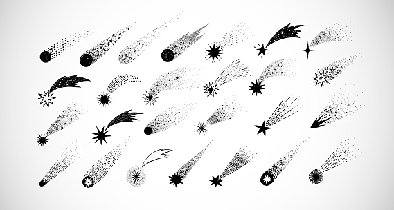 Collection of doodle comets, meteorites and shooting stars on white background. Vector sketch illustration