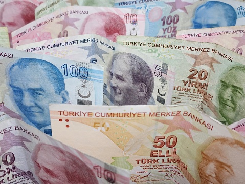 approach to turkish banknotes of different denomination in rows