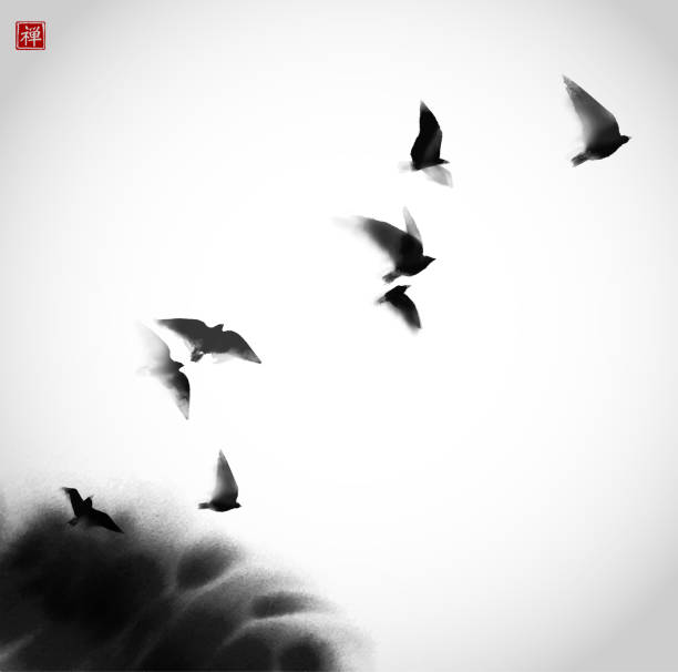 Ink painting of flying black birds. Traditional oriental ink painting sumi-e, u-sin, go-hua. Can be used for book cover, greeting card etc. Translation of hieroglyph - zen Ink painting of flying black birds. Traditional oriental ink painting sumi-e, u-sin, go-hua. Can be used for book cover, greeting card etc. Translation of hieroglyph - zen. oriental culture stock illustrations