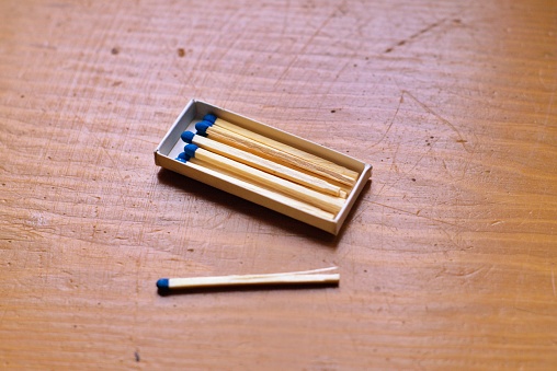 Light Matches for the fire in a matchbox at a wooden table