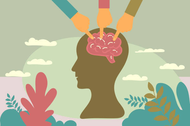 istock Silhouette head with brain. Laboratory Scientist Group Study Human Brain Psychology. Medical Research Microscope. Head Tomography. Diagnostics Development Hemisphere. Flat Cartoon Vector Illustration, 1442295285