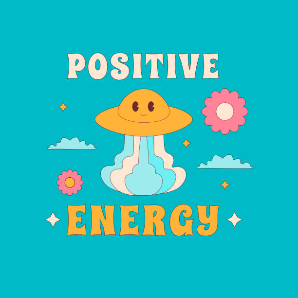 A print with a UFO flying in the clouds and flowers with the inscription Positive energy. Outlined sticker design in the style of the 1960s, 1970s. vector art illustration