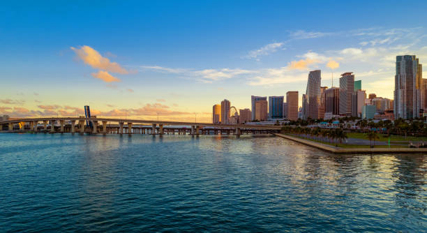 istock Downtown Miami skyline and Port Boulevard bridge at sunset 1442296690