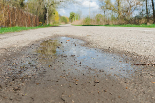 istock Puddle on a rural asphalt road. Travel concept 1442298408