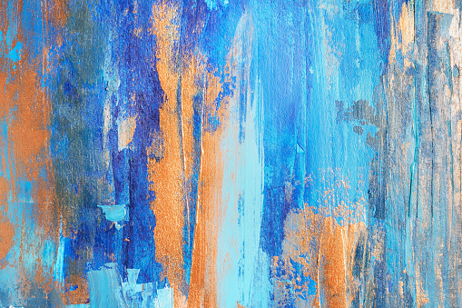 Color abstract acrylic painting background with blue and golden hand strokes