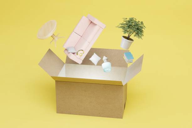 istock moving company services during the move. box with interior items on a yellow background. 3D render 1442298592