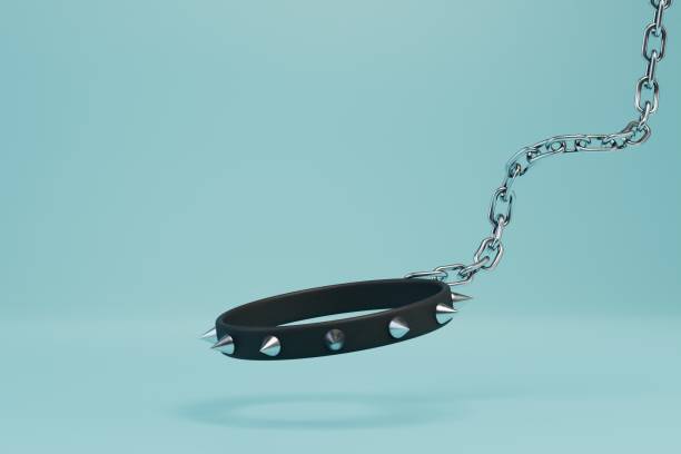 dog collar with spikes on a long metal chain on a turquoise background. 3D render