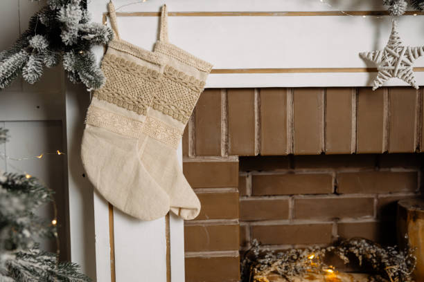 istock Christmas decoration fireplace and sock 1442299537