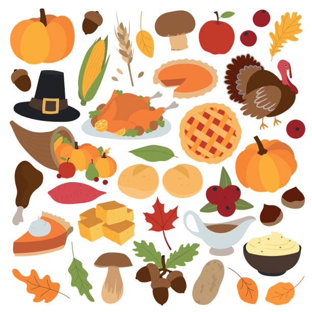 Thanksgiving holiday celebration related things and objects. Collection of hand drawn, vector cartoon illustrations. Set of various isolated Thanksgiving themed items, foods and autumn leaves. chestnut isolated single object autumn stock illustrations