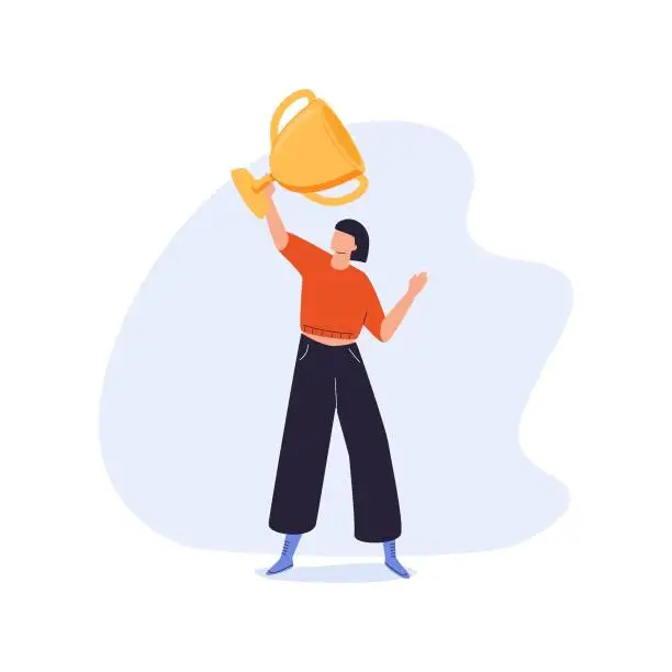 Vector illustration of A cute cartoon woman winners with golden cup, winner success business concept, office worker holding golden. Thin line