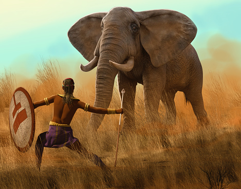 Young African tribal warrior holding a animal skin shield and a spear, facing a giant elephant, 3d render