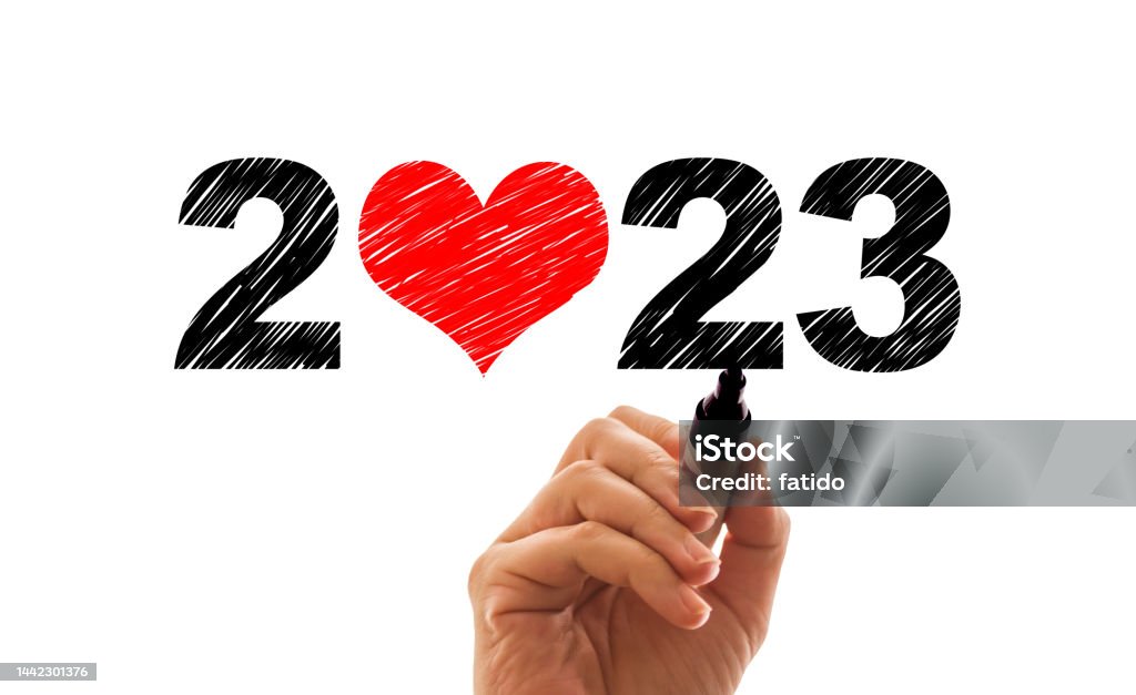 Handwriting 2023 text with heart shape Love - Emotion Stock Photo
