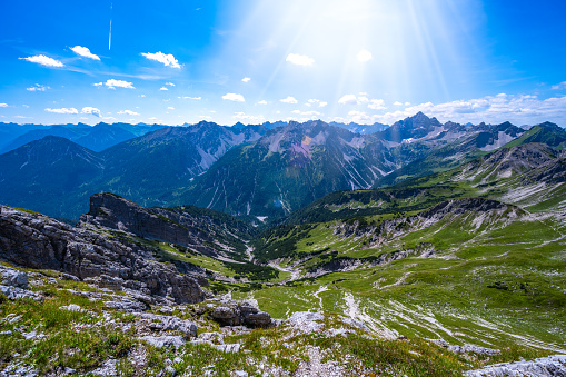 Description: Beautiful view from the Kastenkopf at noon. Schrecksee, Hinterstein, Allgäu High Alps, Bavaria, Germany.